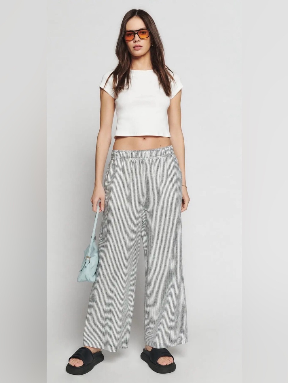 Reformation Ava Stripe black and white Wide Leg 100% Linen pant XS